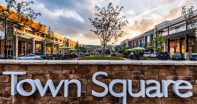 A town square shopping district in Avon, Indiana
