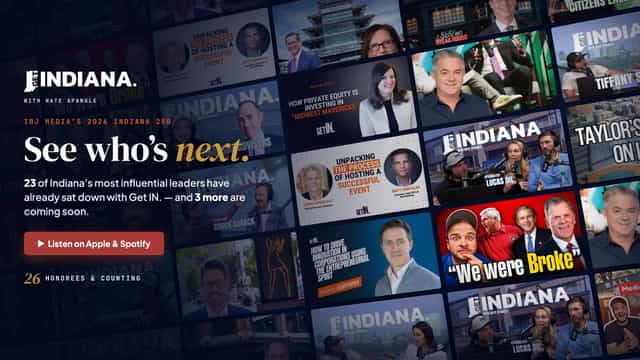 Get IN. with Nate Spangle promo graphic on a navy background, a tilted wall of podcast episode thumbnails behind the Get Indiana logo and the headline See who's next, noting 23 Indiana 250 honorees have been guests.