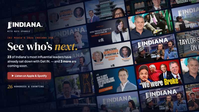 Get IN. with Nate Spangle promo graphic on a navy background, a tilted wall of podcast episode thumbnails behind the Get Indiana logo and the headline See who's next, noting 23 Indiana 250 honorees have been guests.