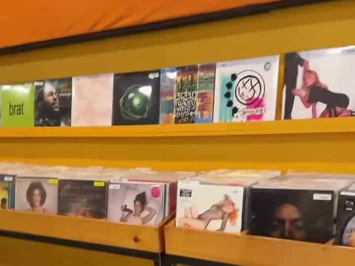 Record bins along the orange wall inside Square Cat Vinyl in Indianapolis
