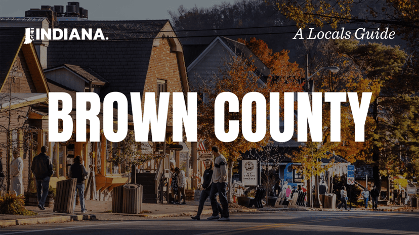 A “Brown County” local’s guide graphic over a downtown Nashville, Indiana street scene in fall