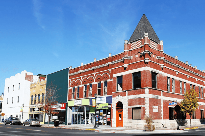 Red brick corner building in downtown Kokomo