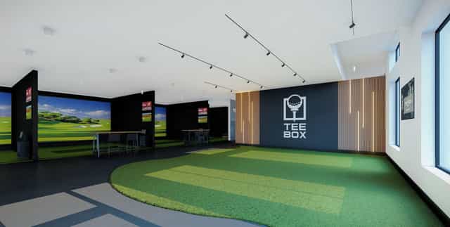 Rendering of the Tee Box Granger clubhouse with golf simulator bays, high-top tables and an artificial turf putting area in front of a Tee Box logo wall