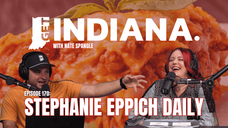Podcast hosts discuss the booming popularity of lasagna in Indiana, with vibrant food imagery in the background.