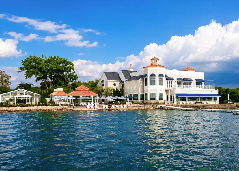 The Lighthouse Restaurant's white waterfront building, gazebo and patio umbrellas on the shore of Cedar Lake, Indiana, under a blue summer sky