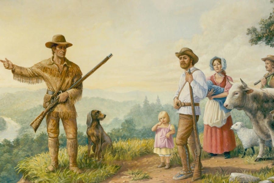 A painting of frontiersman Daniel Boone in fringed buckskin pointing westward, with his dog and a settler family and livestock beside him.