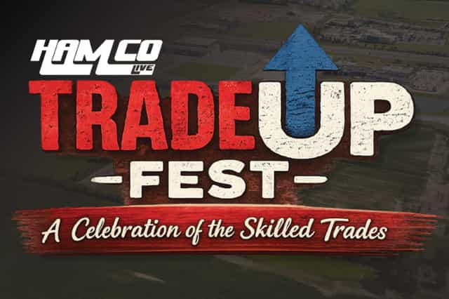 TradeUp Fest logo, a celebration of the skilled trades, over an aerial view of Innovation Mile in Noblesville