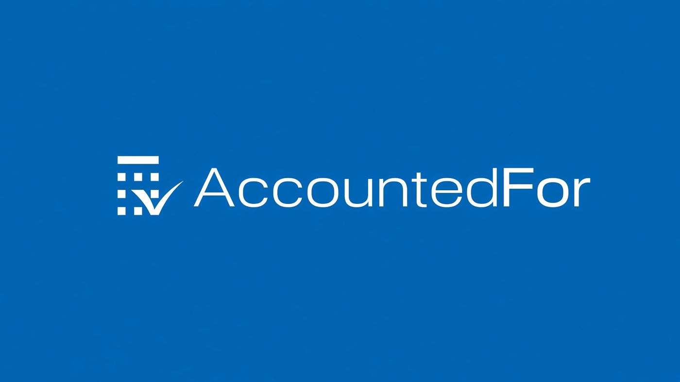 AccountedFor logo in white, a calculator-style grid with a checkmark beside the company name, on a solid blue background