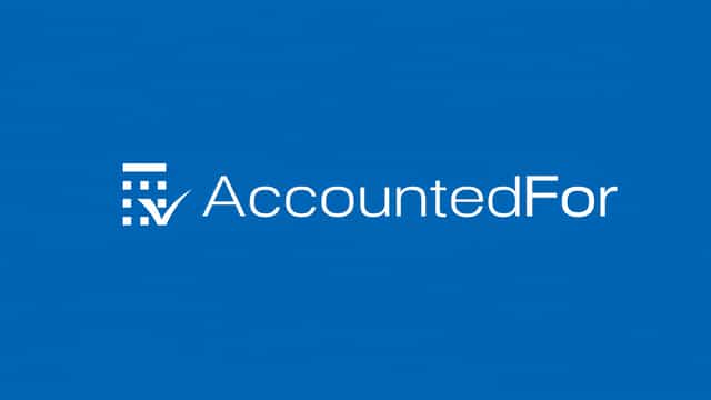 AccountedFor logo in white, a calculator-style grid with a checkmark beside the company name, on a solid blue background