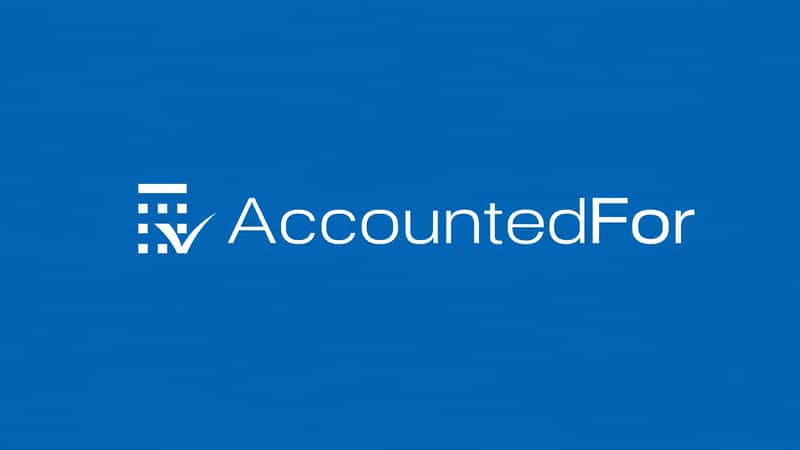AccountedFor logo in white, a calculator-style grid with a checkmark beside the company name, on a solid blue background
