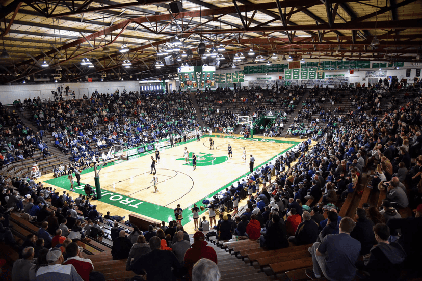 Packed crowd at a basketball game in the New Castle Fieldhouse