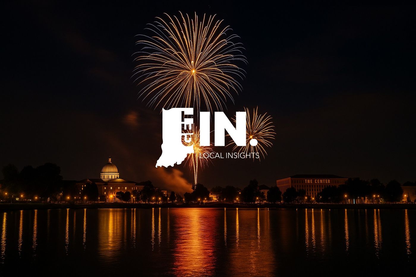 Golden Fourth of July fireworks reflected on the water beside a riverfront town skyline at night