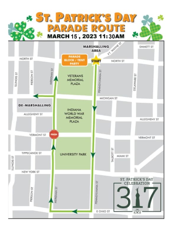 An image of the official route for the 2024 Indy St. Patricks Day Parade