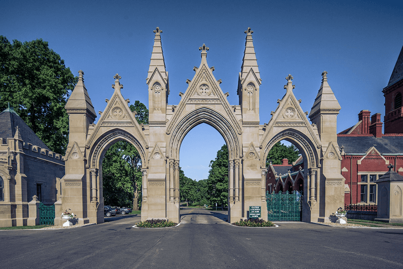 Gothic stone entrance gate of Crown Hill Cemetery in Indianapolis