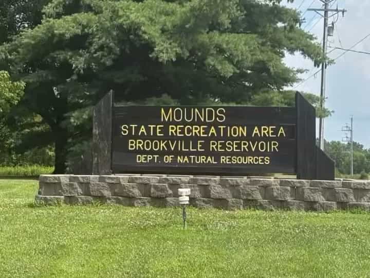 Mounds State Recreation Area sign at Brookville Reservoir near Brookville