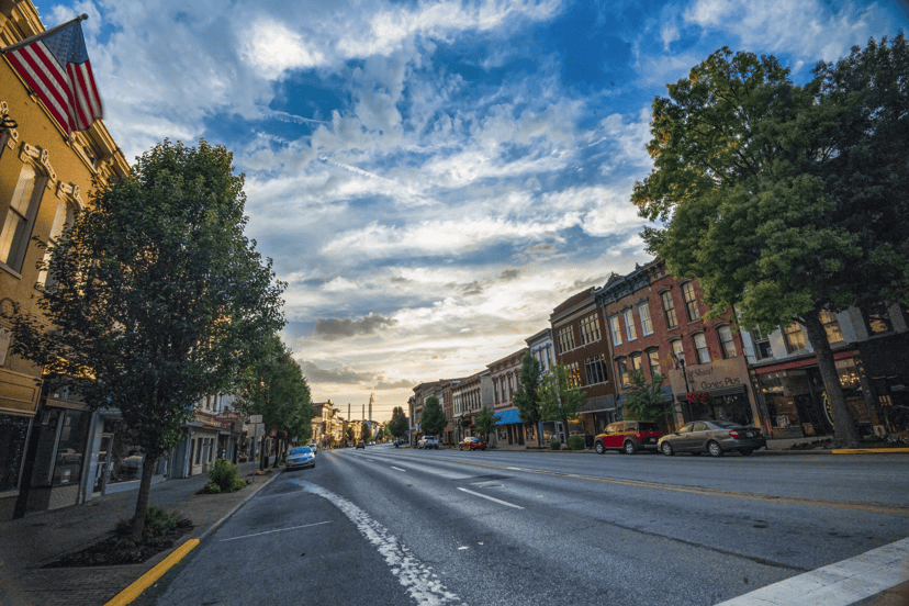 Main Street storefronts in downtown Madison at sunset