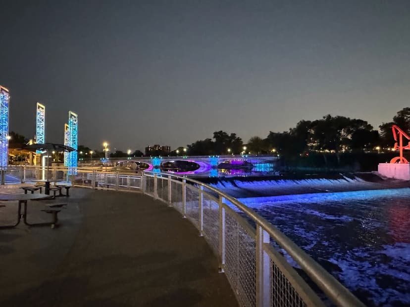 The St. Joseph River lit in color by the South Bend River Lights