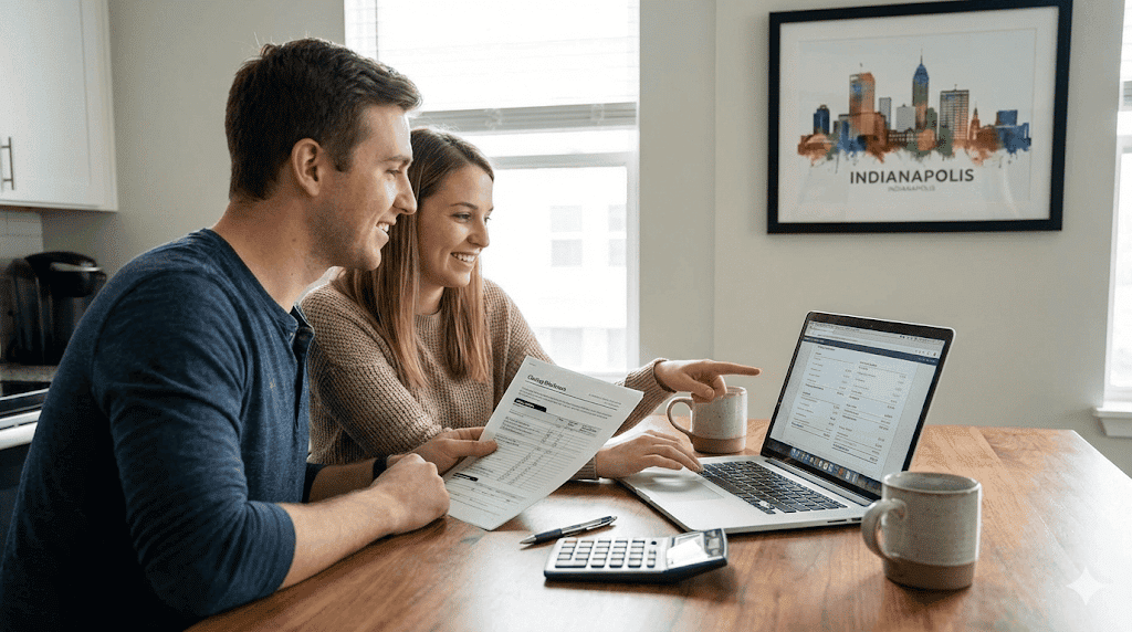 A couple reviewing closing paperwork at a kitchen table with a laptop and calculator, a framed Indianapolis skyline print on the wall behind them