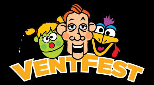 The VentFest logo with three colorful cartoon ventriloquist puppet characters above bold orange VENTFEST lettering