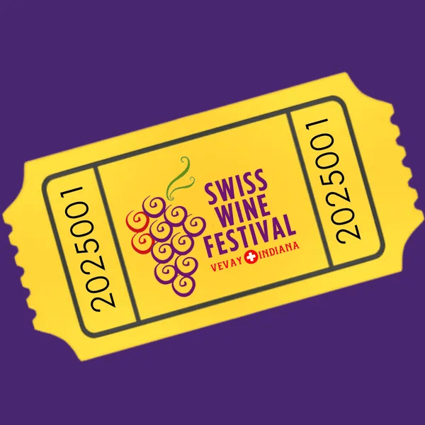Illustrated yellow Swiss Wine Festival admission ticket with the Vevay, Indiana grapes logo