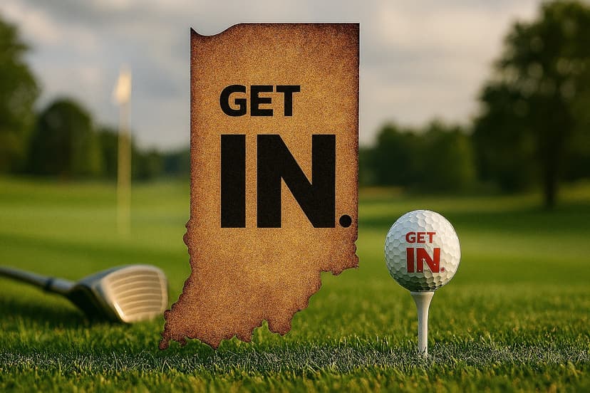 A “Get IN.” Indiana-shaped sign and a golf ball on a tee on a golf course at dusk