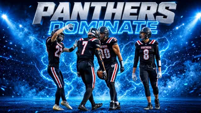 Week 6 Indiana high school football recap graphic reading Panthers Dominate, showing four Knightstown Panthers players in black jerseys with red and white trim celebrating under stadium lights.