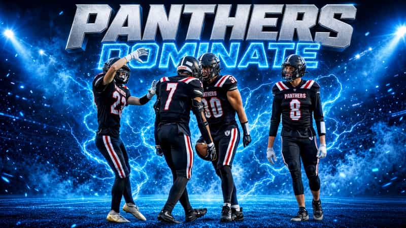 Week 6 Indiana high school football recap graphic reading Panthers Dominate, showing four Knightstown Panthers players in black jerseys with red and white trim celebrating under stadium lights.