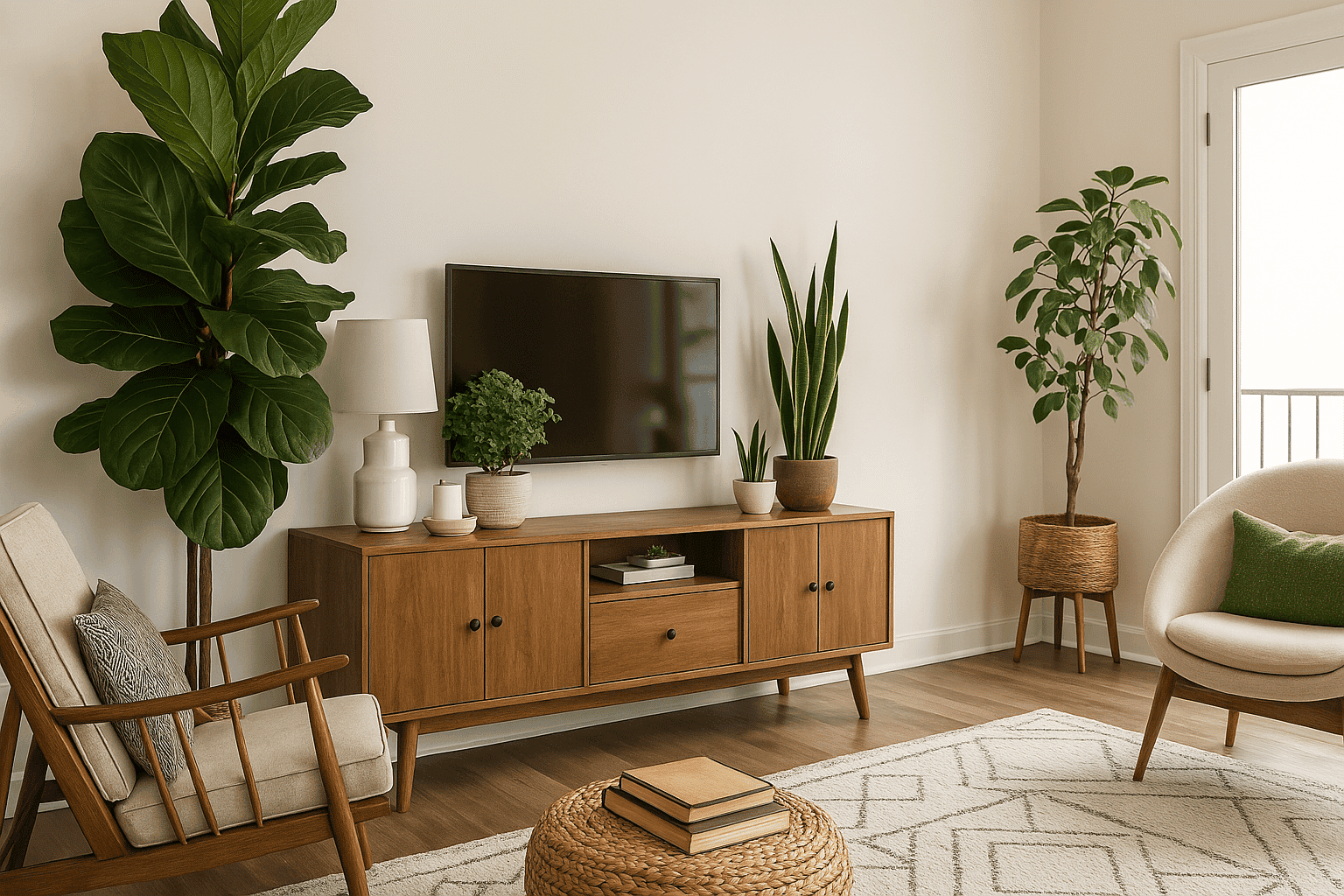 Modern living room with a walnut media console, houseplants and neutral furnishings in an Indianapolis home