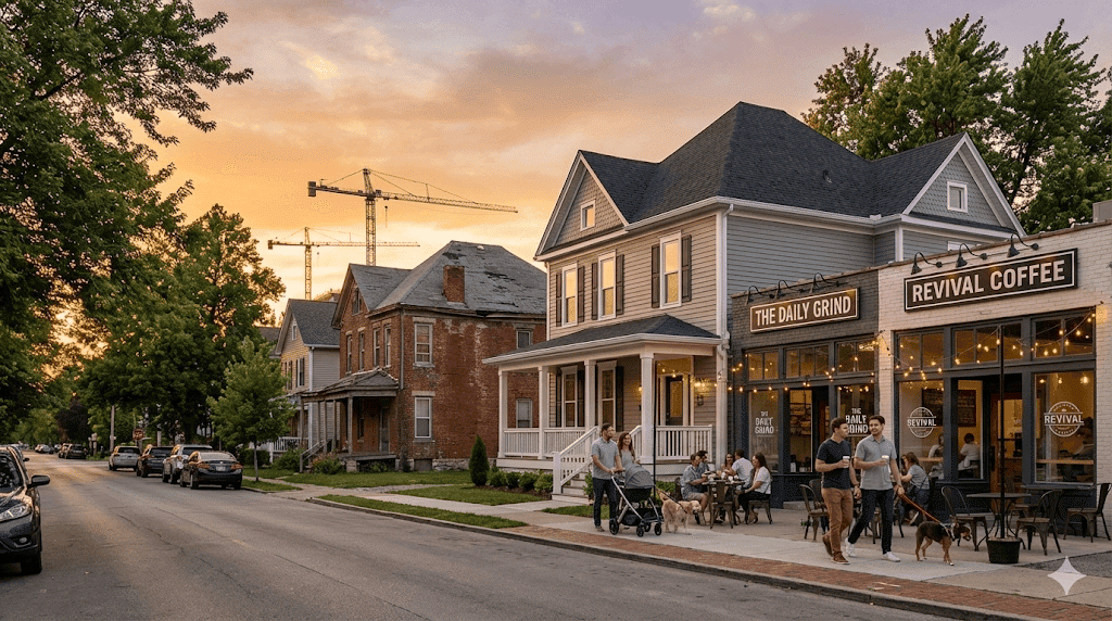 A corner coffee shop on a residential Indianapolis street at sunset with a construction crane rising behind the rooftops
