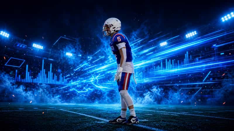 Week 4 Indiana college football recap graphic showing a player in a blue No. 5 jersey with red and white trim standing on the field under stadium lights.