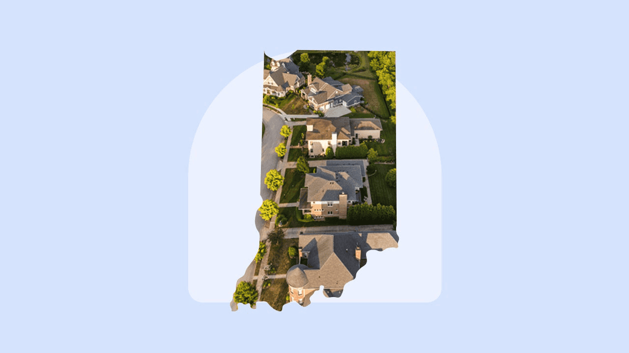 Illustration of the state of Indiana filled with an aerial photograph of suburban homes on a pale blue background