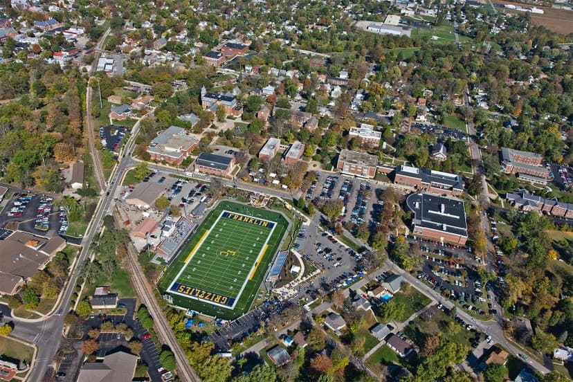 Aerial view of Franklin, Indiana, with Franklin College’s Grizzlies football stadium at the center