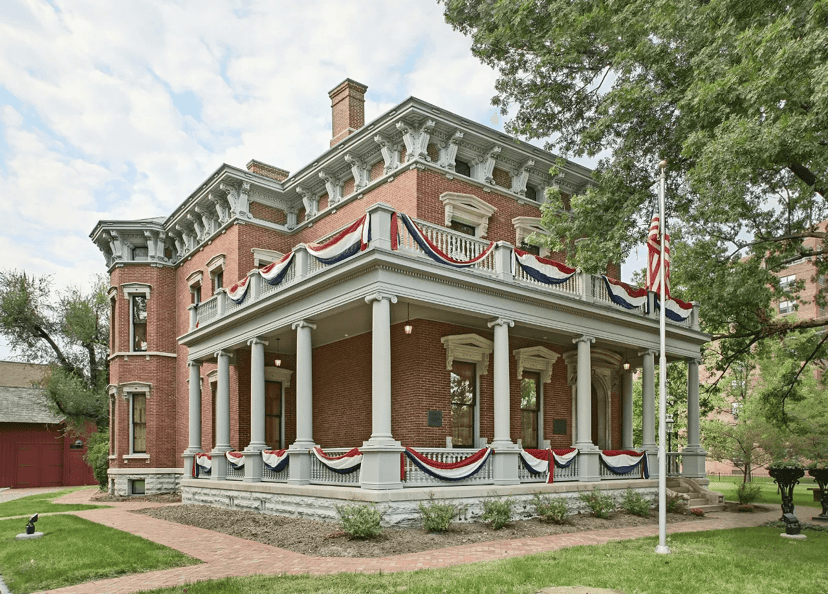 Benjamin Harrison Presidential Site home in Indianapolis with patriotic bunting on the porch
