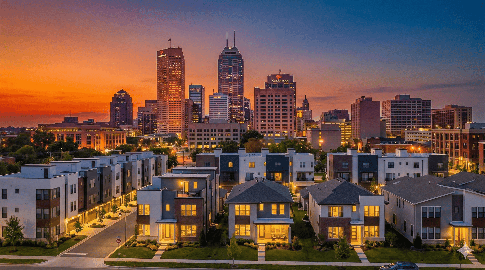 Indianapolis skyline at sunset behind a row of lit townhomes