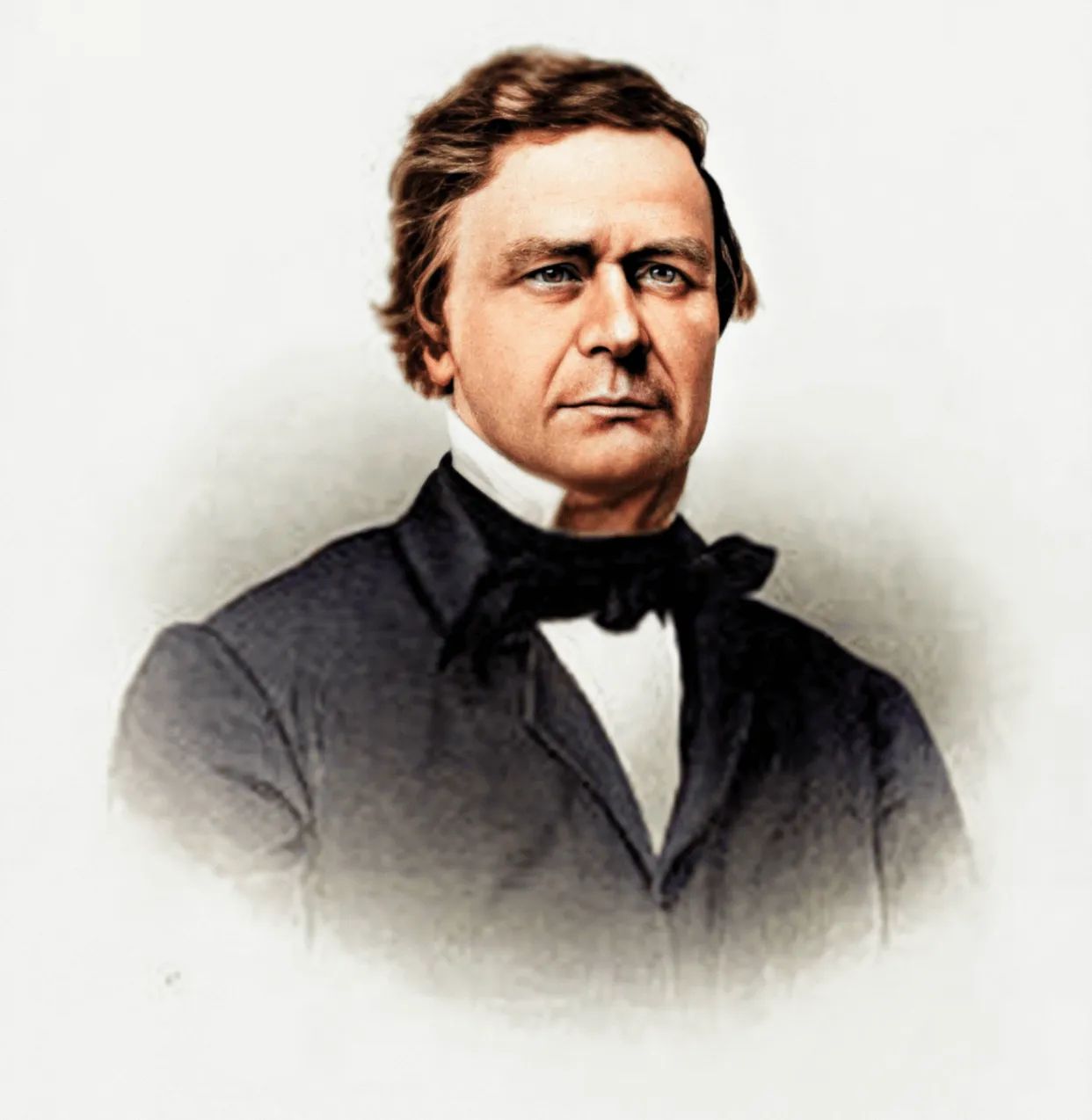 Colorized 19th-century portrait of Calvin Fletcher in a dark coat, white collar and black bow tie