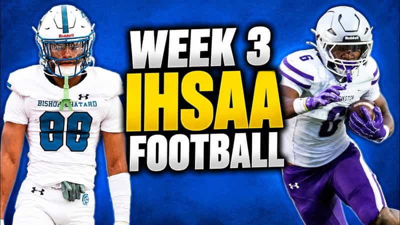 Week 3 IHSAA football graphic with a Bishop Chatard player in a white and teal uniform and a Bloomington player in white and purple carrying the ball.
