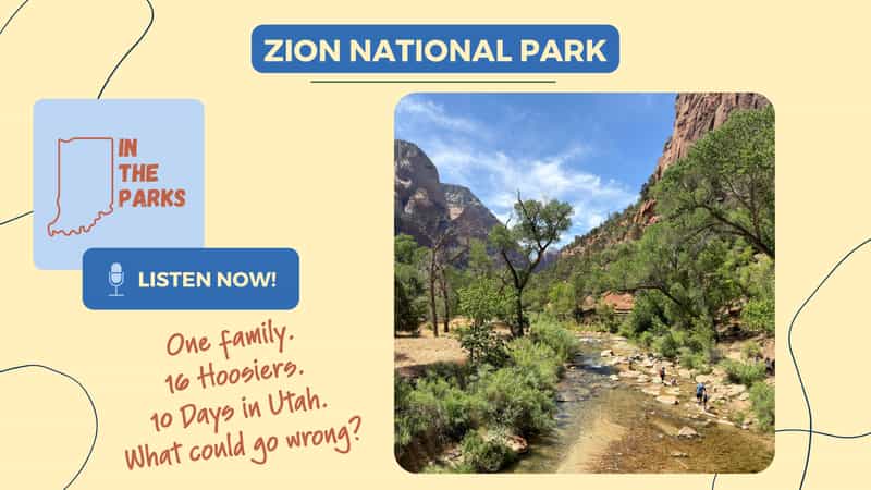 IN the Parks podcast cover art for the Zion National Park episode, showing the Virgin River running shallow over rocks between red canyon walls and green cottonwood trees