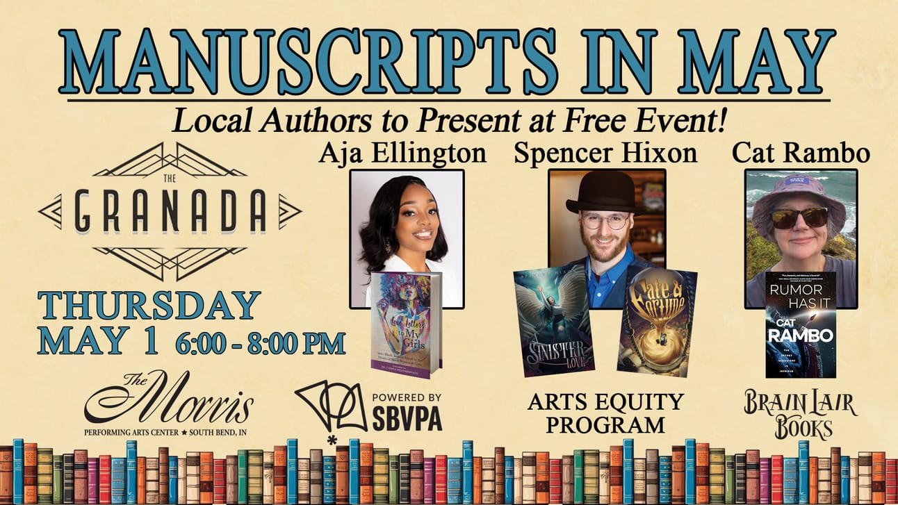 Join the literary celebration at the Morris Performing Arts Center's Granada venue on Thursday, May 1, 2025, from 6:00 PM to 8:00 PM.