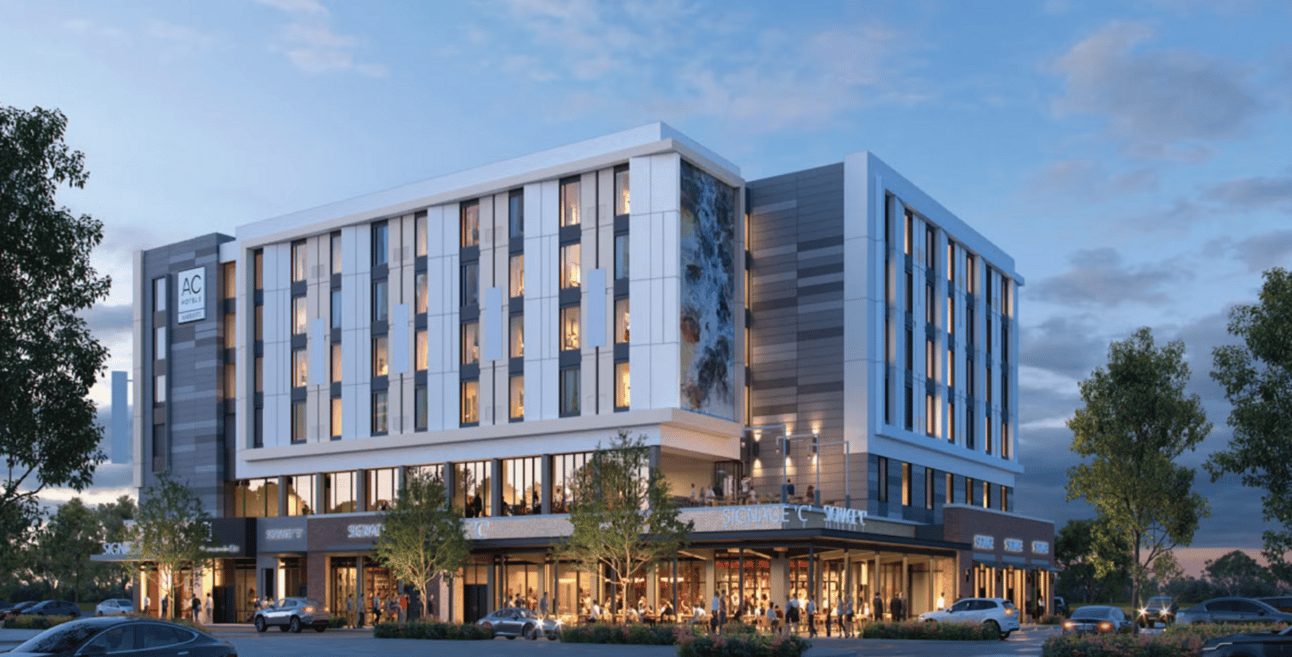 Rendering of the hotel + surrounding retail space