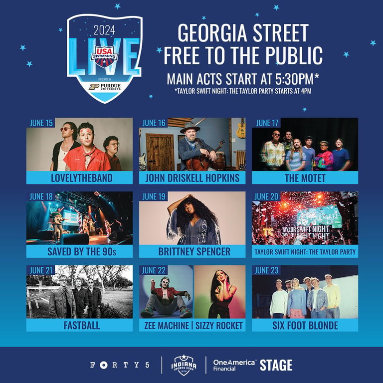 Thanks to USA Swimming, there will be free live music concerts everyday next week 🔥 Who all is