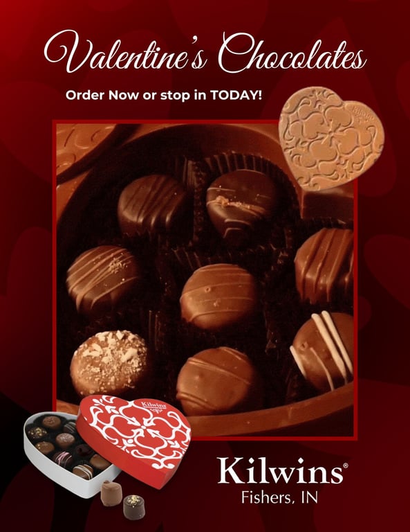 Chocolate-covered strawberries and heart-shaped chocolate boxes are available now at Kilwins Fishers, just in time for Valentine’s Day.
