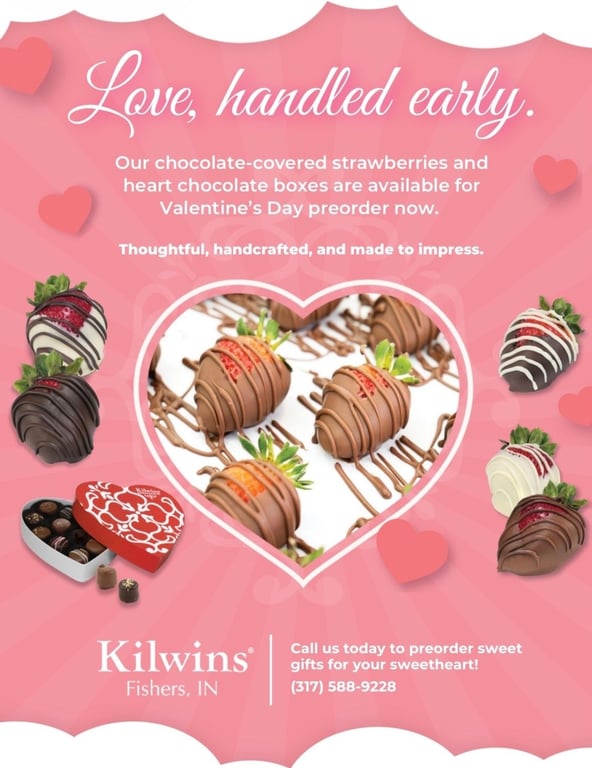 Chocolate-covered strawberries and heart-shaped chocolate boxes are available for Valentine’s Day at Kilwins Fishers.