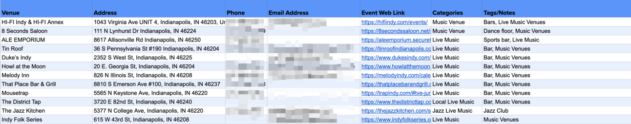 Sneak Peek at the spreadsheet I made to curate live music