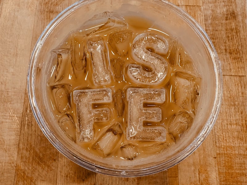 Iced coffee with oat milk over ISFE letter ice cubes at Illinois St Food Emporium