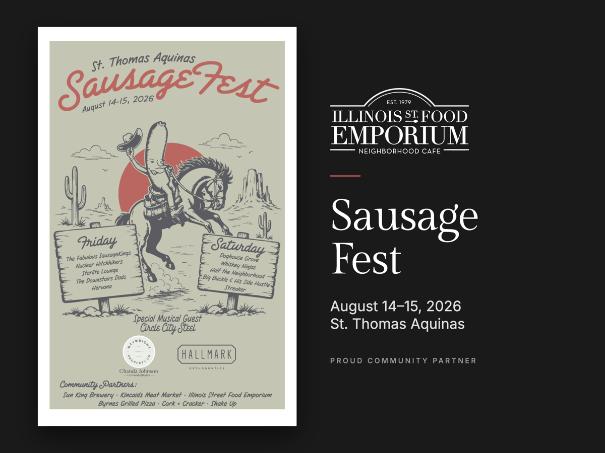 St. Thomas Aquinas SausageFest poster for August 14 and 15, 2026, with the Illinois Street Food Emporium logo as a community partner.