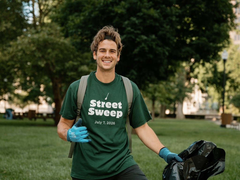 A smiling volunteer kneeling with gloves, a backpack, and a trash bag