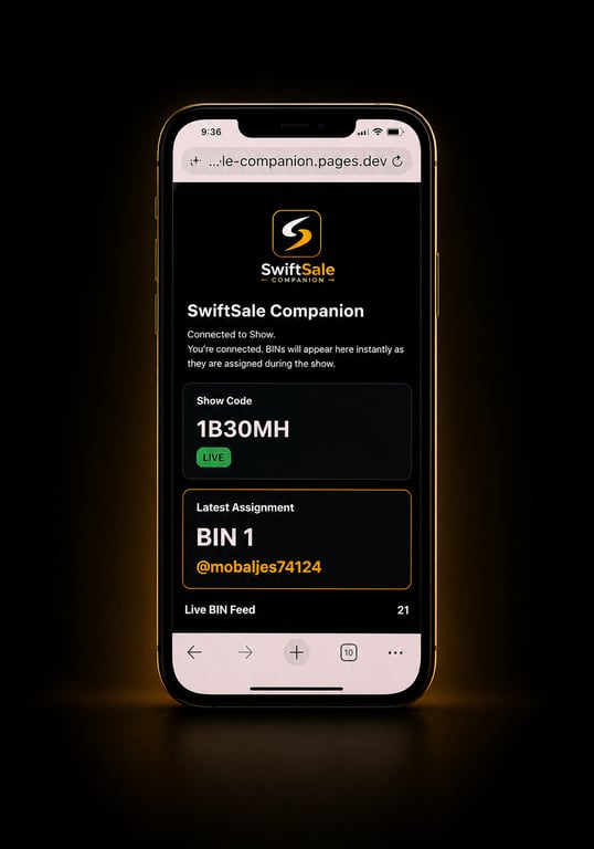 SwiftSale Companion live BIN assignment on mobile