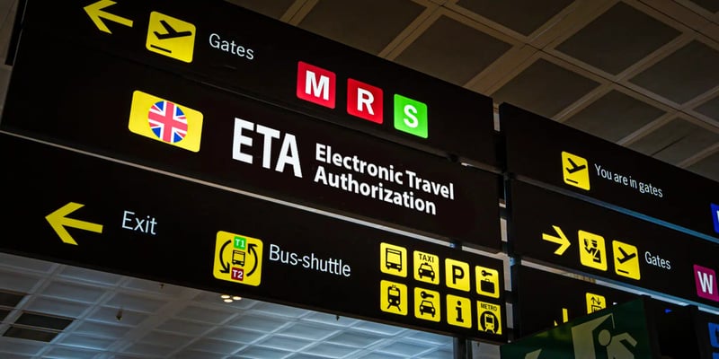 a UK ETA sign at an international airport in the UK