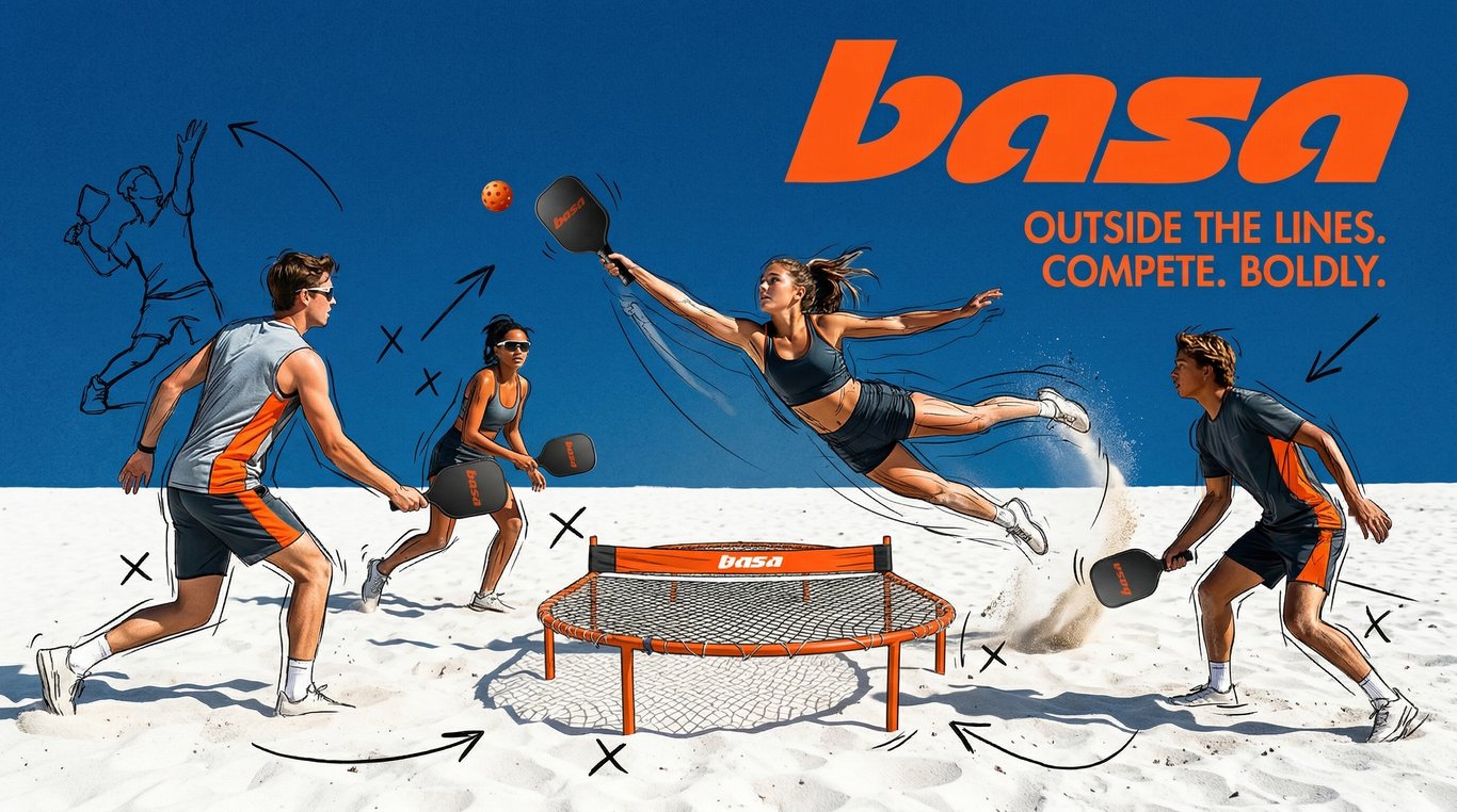 Basa beach pickleball ad with four athletes competing on sand and illustrated play diagrams