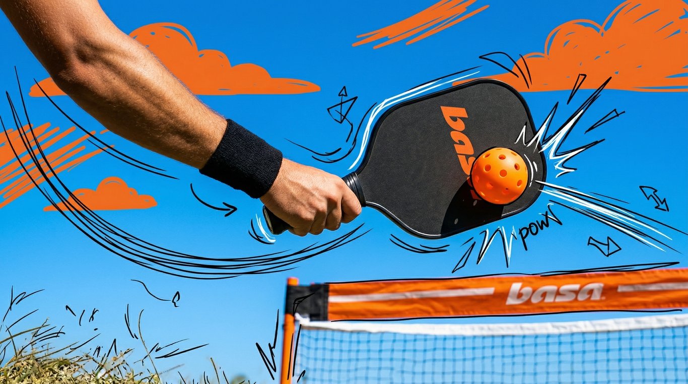 Basa ad close-up of an arm swinging a paddle at a ball with comic-style impact graphics over an illustrated sky